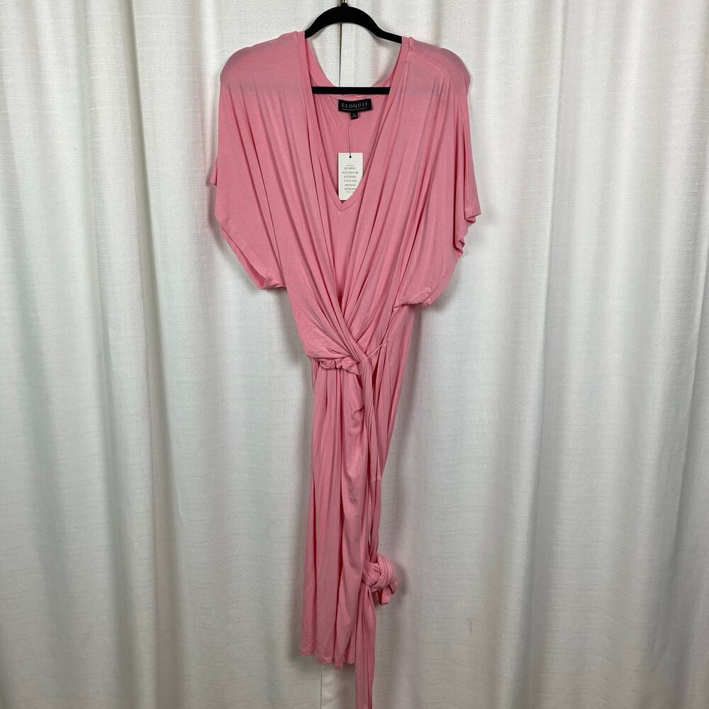Eloquii Pink Cross Front Waist Tie Flutter Sleeve Midi Dress Sz.24W NWT - Picture 6 of 16
